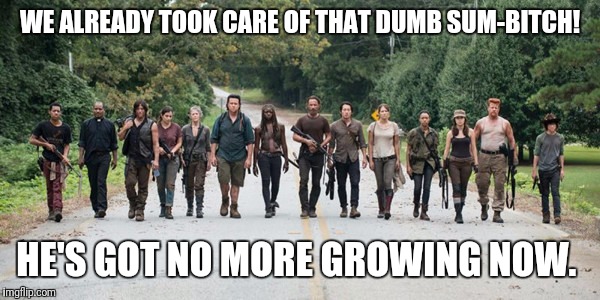 the walking dead | WE ALREADY TOOK CARE OF THAT DUMB SUM-B**CH! HE'S GOT NO MORE GROWING NOW. | image tagged in the walking dead | made w/ Imgflip meme maker