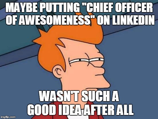 Futurama Fry Meme |  MAYBE PUTTING "CHIEF OFFICER OF AWESOMENESS" ON LINKEDIN; WASN'T SUCH A GOOD IDEA AFTER ALL | image tagged in memes,futurama fry | made w/ Imgflip meme maker