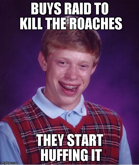 Bad Luck Brian Meme | BUYS RAID TO KILL THE ROACHES; THEY START HUFFING IT | image tagged in memes,bad luck brian | made w/ Imgflip meme maker