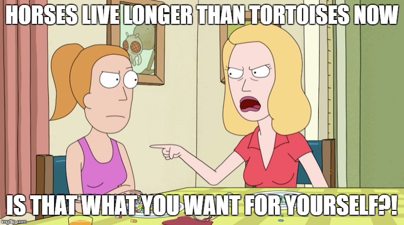 Horses Live Longer Than Tortoises Now | HORSES LIVE LONGER THAN TORTOISES NOW; IS THAT WHAT YOU WANT FOR YOURSELF?! | image tagged in rick and morty,season 3,episode 1,beth,summer,pointing | made w/ Imgflip meme maker