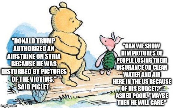 winnie the pooh and piglet | "CAN WE SHOW HIM PICTURES OF PEOPLE LOSING THEIR INSURANCE OR CLEAN WATER AND AIR HERE IN THE US BECAUSE OF HIS BUDGET?" ASKED POOH.  "MAYBE THEN HE WILL CARE."; "DONALD TRUMP AUTHORIZED AN AIRSTRIKE ON SYRIA BECAUSE HE WAS DISTURBED BY PICTURES OF THE VICTIMS," SAID PIGLET. | image tagged in winnie the pooh and piglet | made w/ Imgflip meme maker