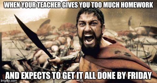Sparta Leonidas | WHEN YOUR TEACHER GIVES YOU TOO MUCH HOMEWORK; AND EXPECTS TO GET IT ALL DONE BY FRIDAY | image tagged in memes,sparta leonidas | made w/ Imgflip meme maker