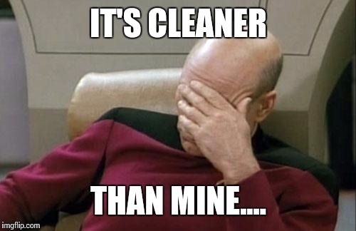 Captain Picard Facepalm Meme | IT'S CLEANER THAN MINE.... | image tagged in memes,captain picard facepalm | made w/ Imgflip meme maker