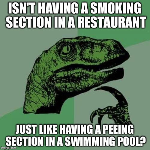 Philosoraptor Meme | ISN'T HAVING A SMOKING SECTION IN A RESTAURANT; JUST LIKE HAVING A PEEING SECTION IN A SWIMMING POOL? | image tagged in memes,philosoraptor | made w/ Imgflip meme maker