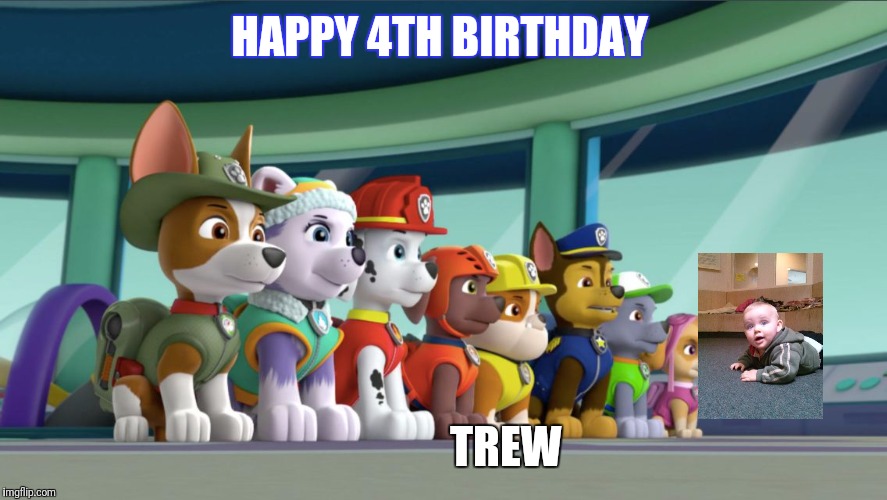 All 8 PAW Patrol Pups At The Lookout | HAPPY 4TH BIRTHDAY; TREW | image tagged in all 8 paw patrol pups at the lookout | made w/ Imgflip meme maker