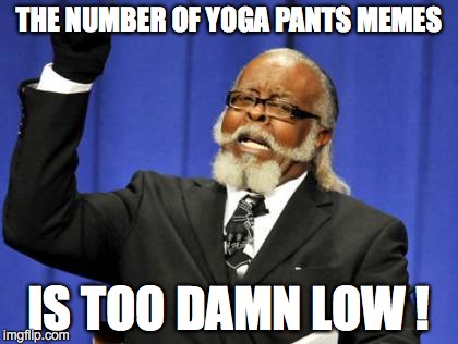 Bob Ross is dead, and yoga pants are still very much with us. | THE NUMBER OF YOGA PANTS MEMES; IS TOO DAMN LOW ! | image tagged in too damn high,yoga pants,yoga pants week extended edition,yoga pants week,2017,bob ross week | made w/ Imgflip meme maker