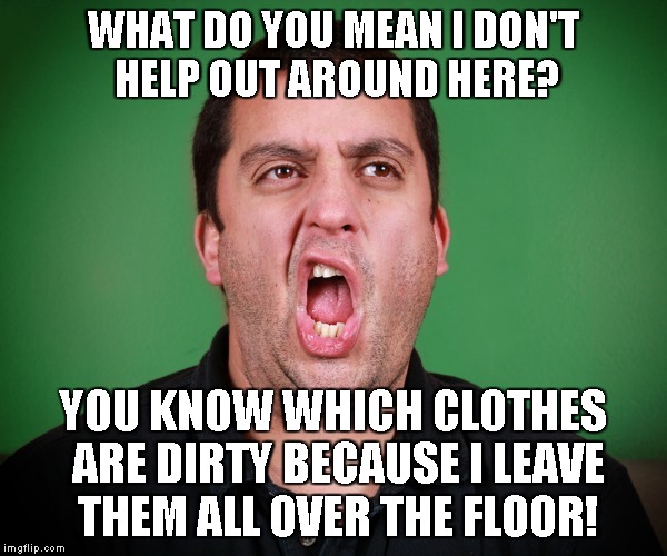guy burping | WHAT DO YOU MEAN I DON'T HELP OUT AROUND HERE? YOU KNOW WHICH CLOTHES ARE DIRTY BECAUSE I LEAVE THEM ALL OVER THE FLOOR! | image tagged in guy burping | made w/ Imgflip meme maker