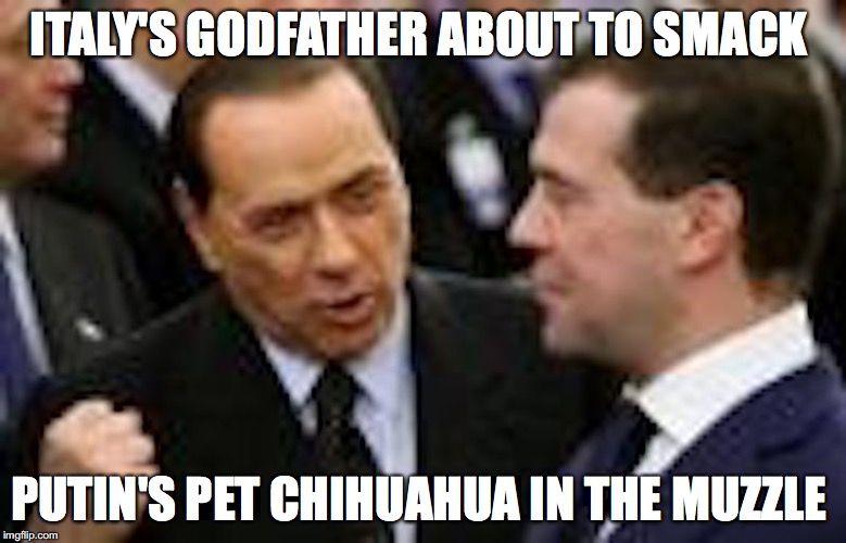 Berlusconi During His Tenure | ITALY'S GODFATHER ABOUT TO SMACK; PUTIN'S PET CHIHUAHUA IN THE MUZZLE | image tagged in berlusconi,italy,memes | made w/ Imgflip meme maker