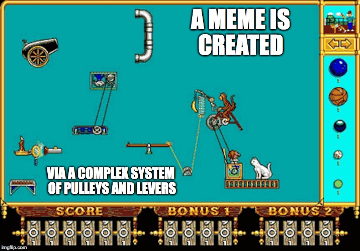 How Memes are Created | A MEME IS CREATED; VIA A COMPLEX SYSTEM OF PULLEYS AND LEVERS | image tagged in memes,rube goldberg | made w/ Imgflip meme maker