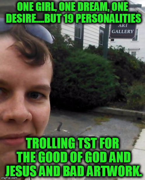 ONE GIRL, ONE DREAM, ONE DESIRE....BUT 19 PERSONALITIES; TROLLING TST FOR THE GOOD OF GOD AND JESUS AND BAD ARTWORK. | image tagged in dumbcucnt | made w/ Imgflip meme maker