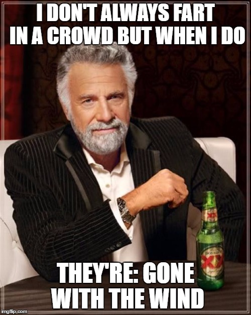 The Most Interesting Man In The World | I DON'T ALWAYS FART IN A CROWD BUT WHEN I DO; THEY'RE: GONE WITH THE WIND | image tagged in memes,the most interesting man in the world | made w/ Imgflip meme maker