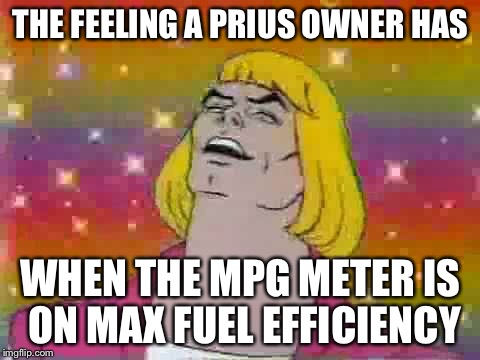 He man | THE FEELING A PRIUS OWNER HAS; WHEN THE MPG METER IS ON MAX FUEL EFFICIENCY | image tagged in he man | made w/ Imgflip meme maker