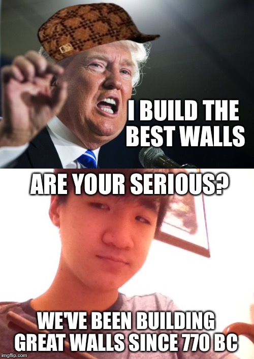 I BUILD THE BEST WALLS; ARE YOUR SERIOUS? WE'VE BEEN BUILDING GREAT WALLS SINCE 770 BC | image tagged in trump | made w/ Imgflip meme maker