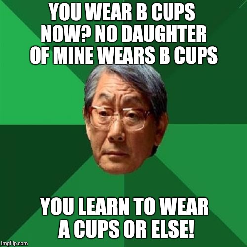 Not really sure high expectations Asian father really understands how bra sizing works... | YOU WEAR B CUPS NOW? NO DAUGHTER OF MINE WEARS B CUPS; YOU LEARN TO WEAR A CUPS OR ELSE! | image tagged in memes,high expectations asian father,jbmemegeek | made w/ Imgflip meme maker