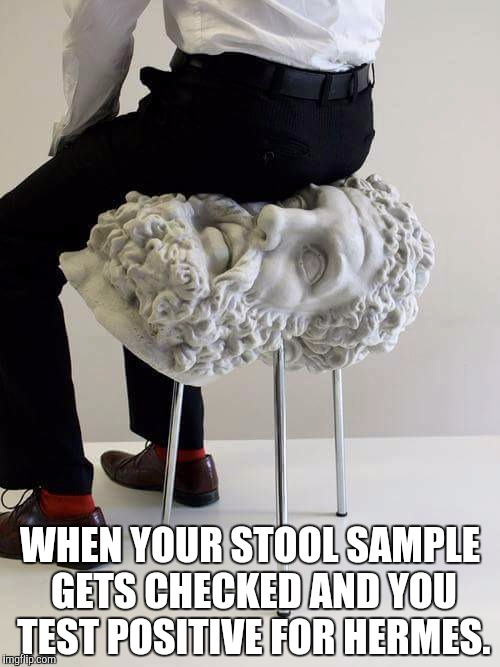Hermes | WHEN YOUR STOOL SAMPLE GETS CHECKED AND YOU TEST POSITIVE FOR HERMES. | image tagged in classic art | made w/ Imgflip meme maker