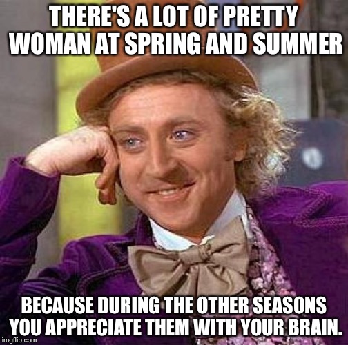 Creepy Condescending Wonka Meme | THERE'S A LOT OF PRETTY WOMAN AT SPRING AND SUMMER; BECAUSE DURING THE OTHER SEASONS YOU APPRECIATE THEM WITH YOUR BRAIN. | image tagged in memes,creepy condescending wonka | made w/ Imgflip meme maker