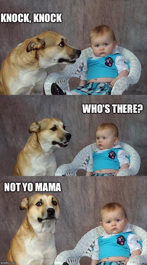 Dad Joke Dog Meme | KNOCK, KNOCK; WHO'S THERE? NOT YO MAMA | image tagged in memes,dad joke dog | made w/ Imgflip meme maker