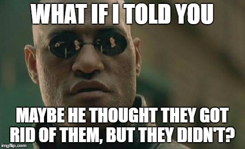 Matrix Morpheus Meme | WHAT IF I TOLD YOU MAYBE HE THOUGHT THEY GOT RID OF THEM, BUT THEY DIDN'T? | image tagged in memes,matrix morpheus | made w/ Imgflip meme maker