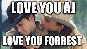 Brokeback Mountain | LOVE YOU AJ; LOVE YOU FORREST | image tagged in brokeback mountain | made w/ Imgflip meme maker