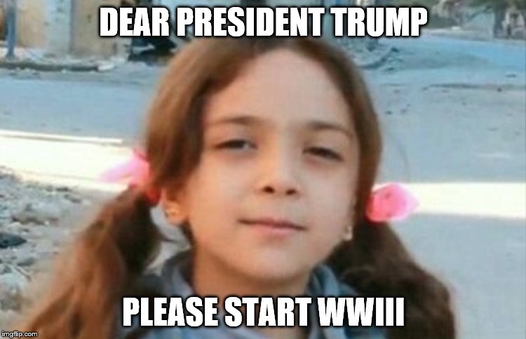 DEAR PRESIDENT TRUMP; PLEASE START WWIII | image tagged in bana alabed | made w/ Imgflip meme maker