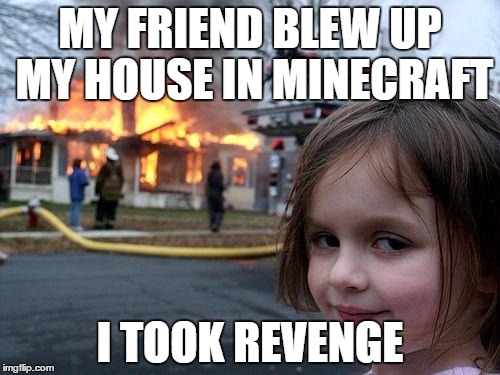 Disaster Girl | MY FRIEND BLEW UP MY HOUSE IN MINECRAFT; I TOOK REVENGE | image tagged in memes,disaster girl | made w/ Imgflip meme maker