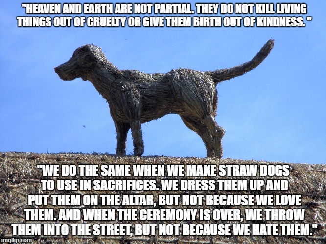 straw dogs 
 | "HEAVEN AND EARTH ARE NOT PARTIAL. THEY DO NOT KILL LIVING THINGS OUT OF CRUELTY OR GIVE THEM BIRTH OUT OF KINDNESS. "; "WE DO THE SAME WHEN WE MAKE STRAW DOGS TO USE IN SACRIFICES. WE DRESS THEM UP AND PUT THEM ON THE ALTAR, BUT NOT BECAUSE WE LOVE THEM. AND WHEN THE CEREMONY IS OVER, WE THROW THEM INTO THE STREET, BUT NOT BECAUSE WE HATE THEM." | image tagged in straw dogs,tao,su zhe | made w/ Imgflip meme maker