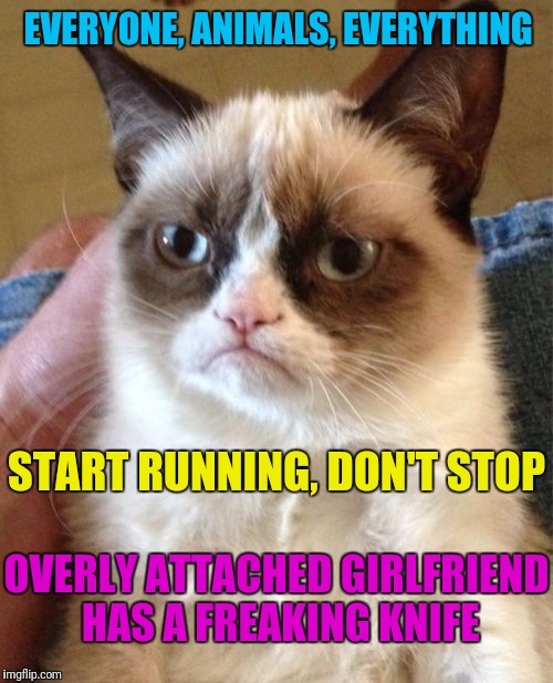 Grumpy Cat Meme | EVERYONE, ANIMALS, EVERYTHING START RUNNING, DON'T STOP OVERLY ATTACHED GIRLFRIEND HAS A FREAKING KNIFE | image tagged in memes,grumpy cat | made w/ Imgflip meme maker