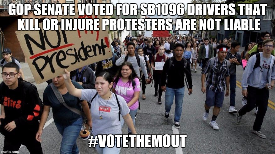 protesters | GOP SENATE VOTED FOR SB1096 DRIVERS THAT KILL OR INJURE PROTESTERS ARE NOT LIABLE; #VOTETHEMOUT | image tagged in protesters | made w/ Imgflip meme maker