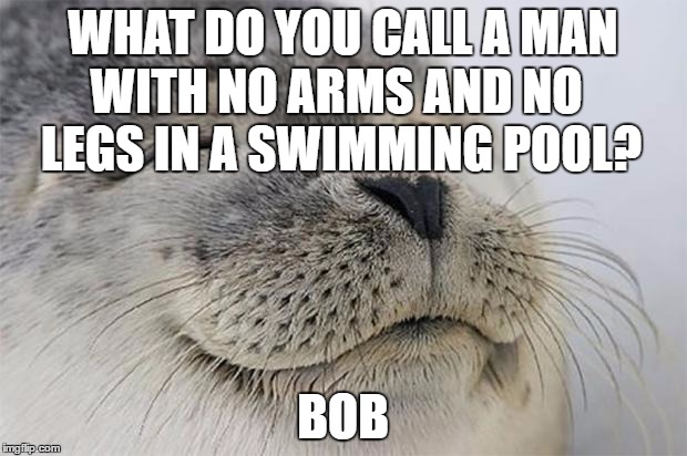Satisfied Seal | WHAT DO YOU CALL A MAN; WITH NO ARMS AND NO LEGS IN A SWIMMING POOL? BOB | image tagged in memes,satisfied seal | made w/ Imgflip meme maker