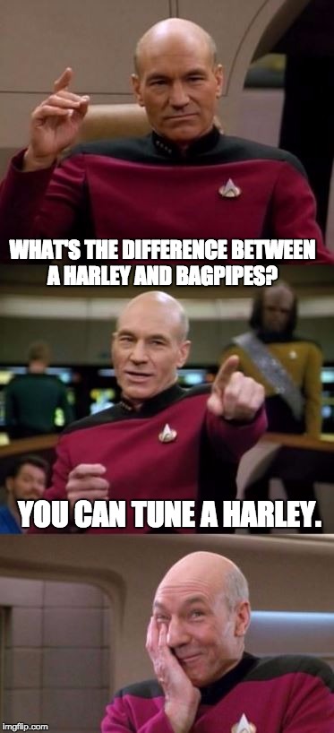 Picard Pun | WHAT'S THE DIFFERENCE BETWEEN A HARLEY AND BAGPIPES? YOU CAN TUNE A HARLEY. | image tagged in picard pun | made w/ Imgflip meme maker