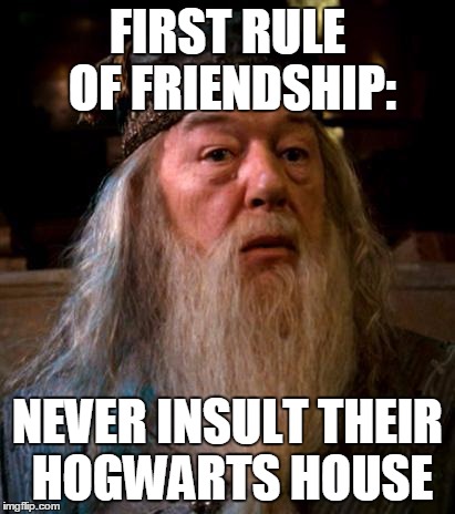 Dumbledore | FIRST RULE OF FRIENDSHIP:; NEVER INSULT THEIR HOGWARTS HOUSE | image tagged in dumbledore | made w/ Imgflip meme maker