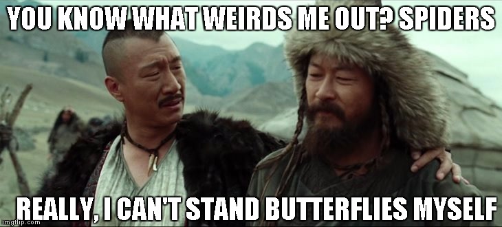 Just having some fun people | YOU KNOW WHAT WEIRDS ME OUT? SPIDERS; REALLY, I CAN'T STAND BUTTERFLIES MYSELF | image tagged in genghis khan,spiders,butterflies | made w/ Imgflip meme maker