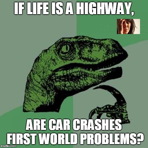 Philosoraptor Meme | IF LIFE IS A HIGHWAY, ARE CAR CRASHES FIRST WORLD PROBLEMS? | image tagged in memes,philosoraptor | made w/ Imgflip meme maker