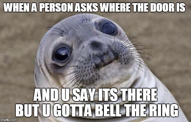 Awkward Moment Sealion | WHEN A PERSON ASKS WHERE THE DOOR IS; AND U SAY ITS THERE BUT U GOTTA BELL THE RING | image tagged in memes,awkward moment sealion | made w/ Imgflip meme maker