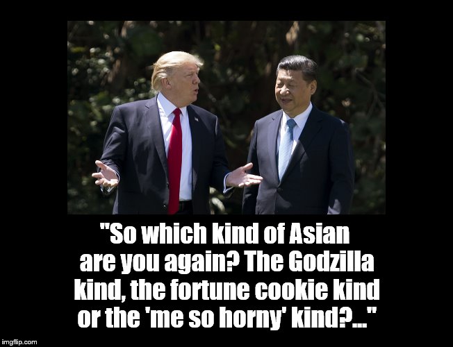 President Trump's First meeting with Xi Jinping did not go well. | "So which kind of Asian are you again? The Godzilla kind, the fortune cookie kind or the 'me so horny' kind?..." | image tagged in donald trump,xi,china,godzilla,fortune cookie,me so horny | made w/ Imgflip meme maker