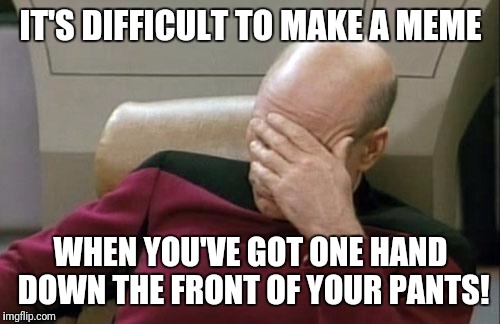 Captain Picard Facepalm Meme | IT'S DIFFICULT TO MAKE A MEME WHEN YOU'VE GOT ONE HAND DOWN THE FRONT OF YOUR PANTS! | image tagged in memes,captain picard facepalm | made w/ Imgflip meme maker