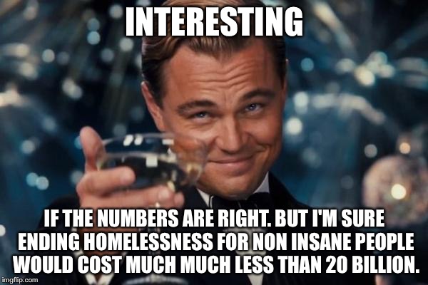 Leonardo Dicaprio Cheers Meme | INTERESTING IF THE NUMBERS ARE RIGHT. BUT I'M SURE ENDING HOMELESSNESS FOR NON INSANE PEOPLE WOULD COST MUCH MUCH LESS THAN 20 BILLION. | image tagged in memes,leonardo dicaprio cheers | made w/ Imgflip meme maker