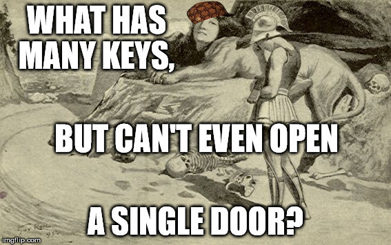 Riddles and Brainteasers | WHAT HAS MANY KEYS, BUT CAN'T EVEN OPEN; A SINGLE DOOR? | image tagged in riddles and brainteasers,scumbag | made w/ Imgflip meme maker