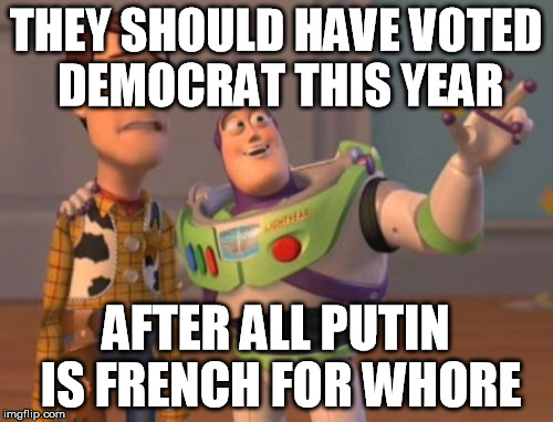 X, X Everywhere Meme | THEY SHOULD HAVE VOTED DEMOCRAT THIS YEAR AFTER ALL PUTIN IS FRENCH FOR W**RE | image tagged in memes,x x everywhere | made w/ Imgflip meme maker