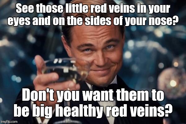 Leonardo Dicaprio Cheers Meme | See those little red veins in your eyes and on the sides of your nose? Don't you want them to be big healthy red veins? | image tagged in memes,leonardo dicaprio cheers | made w/ Imgflip meme maker