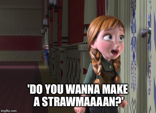 Anna Frozen Door | 'DO YOU WANNA MAKE A STRAWMAAAAN?' | image tagged in anna frozen door | made w/ Imgflip meme maker