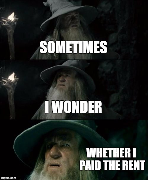 Confused Gandalf Meme | SOMETIMES; I WONDER; WHETHER I PAID THE RENT | image tagged in memes,confused gandalf | made w/ Imgflip meme maker