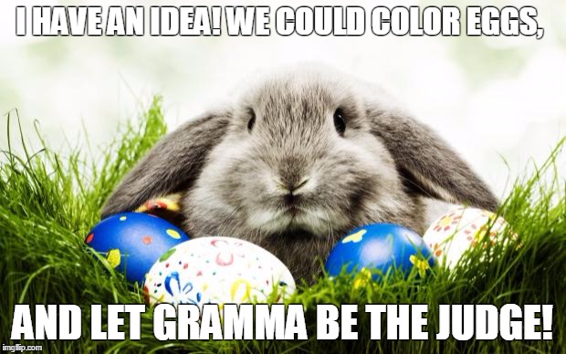 Easter bunny | I HAVE AN IDEA! WE COULD COLOR EGGS, AND LET GRAMMA BE THE JUDGE! | image tagged in easter bunny | made w/ Imgflip meme maker