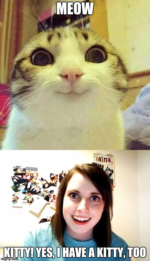 MEOW; KITTY! YES, I HAVE A KITTY, TOO | image tagged in overly attached girlfriend | made w/ Imgflip meme maker