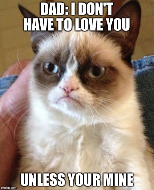 Grumpy Cat | DAD: I DON'T HAVE TO LOVE YOU; UNLESS YOUR MINE | image tagged in memes,grumpy cat | made w/ Imgflip meme maker