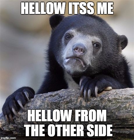 Confession Bear | HELLOW ITSS ME; HELLOW FROM THE OTHER SIDE | image tagged in memes,confession bear | made w/ Imgflip meme maker