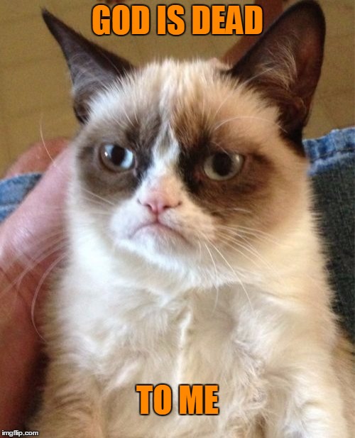 Grumpy Cat believes in God but he's not a big fan. | GOD IS DEAD; TO ME | image tagged in memes,grumpy cat | made w/ Imgflip meme maker