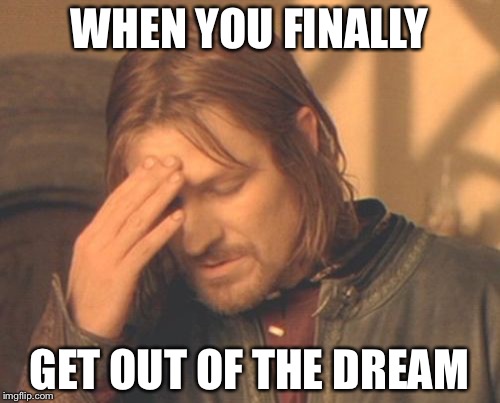 Frustrated Boromir Meme | WHEN YOU FINALLY; GET OUT OF THE DREAM | image tagged in memes,frustrated boromir | made w/ Imgflip meme maker