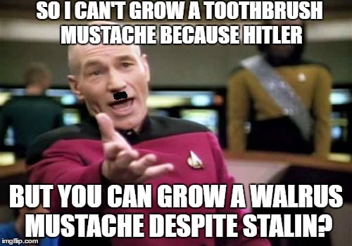 Picard Wtf Meme | SO I CAN'T GROW A TOOTHBRUSH MUSTACHE BECAUSE HITLER; BUT YOU CAN GROW A WALRUS MUSTACHE DESPITE STALIN? | image tagged in memes,picard wtf | made w/ Imgflip meme maker