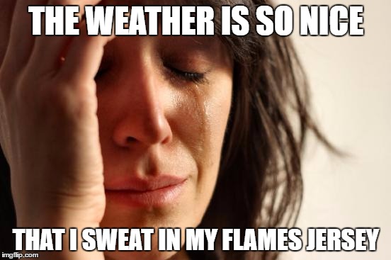 First World Problems Meme | THE WEATHER IS SO NICE; THAT I SWEAT IN MY FLAMES JERSEY | image tagged in memes,first world problems | made w/ Imgflip meme maker